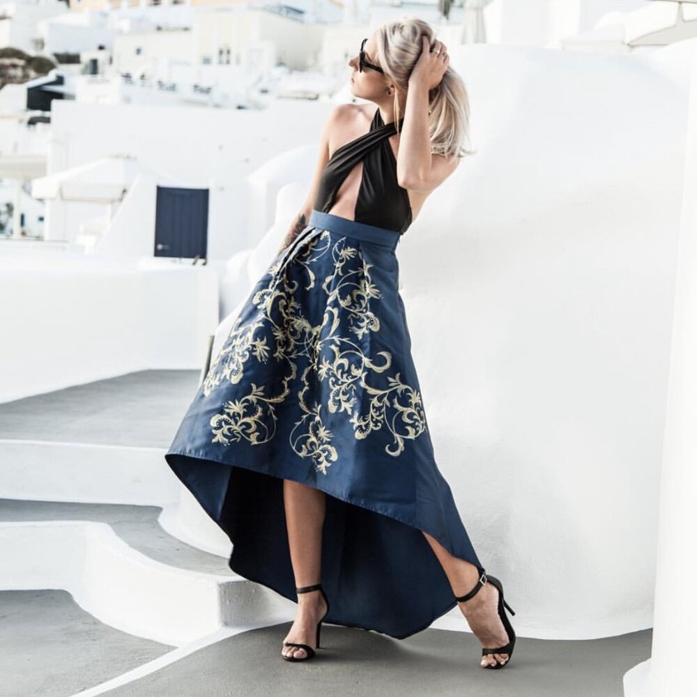 Navy Blue Statement Skirt with Gold Detail